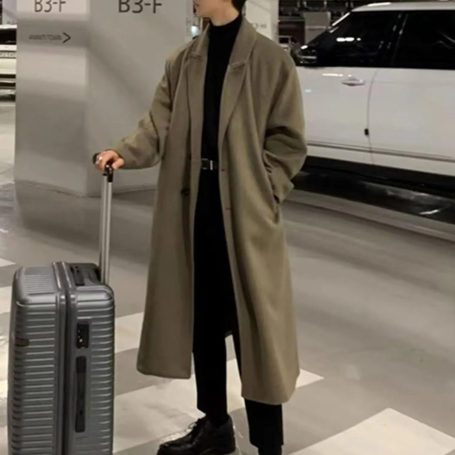 Mens Oversized Trench Coat Notched Lapel Long Jacket Wool Blend Pea Coat Full Length Windbreaker Winter Overcoat