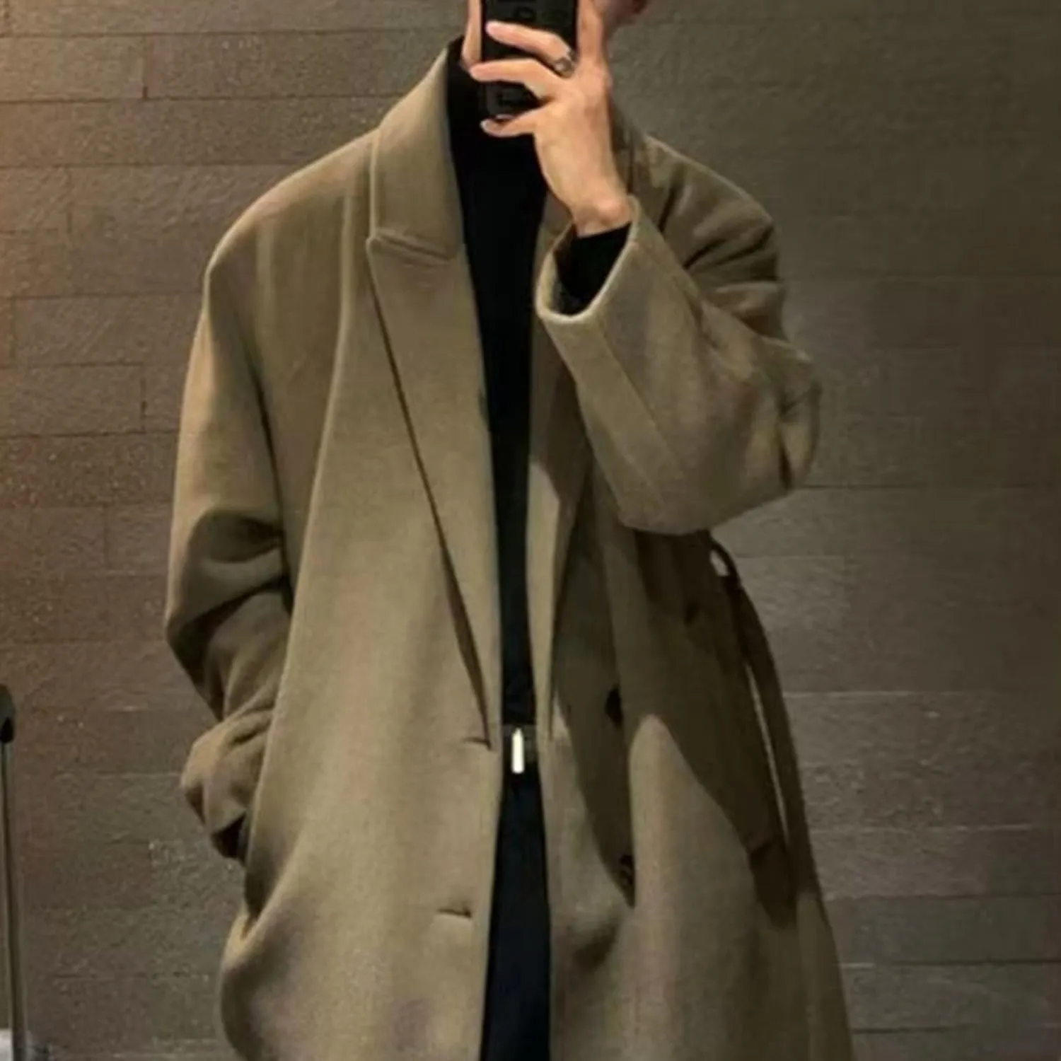 Mens Oversized Trench Coat Notched Lapel Long Jacket Wool Blend Pea Coat Full Length Windbreaker Winter Overcoat