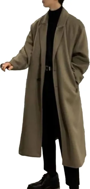 Mens Oversized Trench Coat Notched Lapel Long Jacket Wool Blend Pea Coat Full Length Windbreaker Winter Overcoat