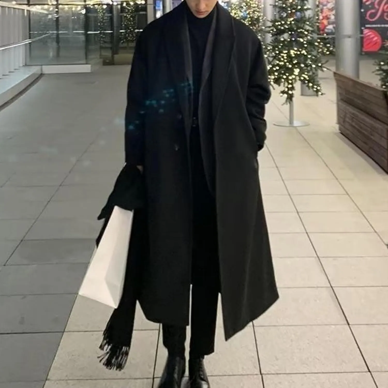 Mens Oversized Trench Coat Notched Lapel Long Jacket Wool Blend Pea Coat Full Length Windbreaker Winter Overcoat