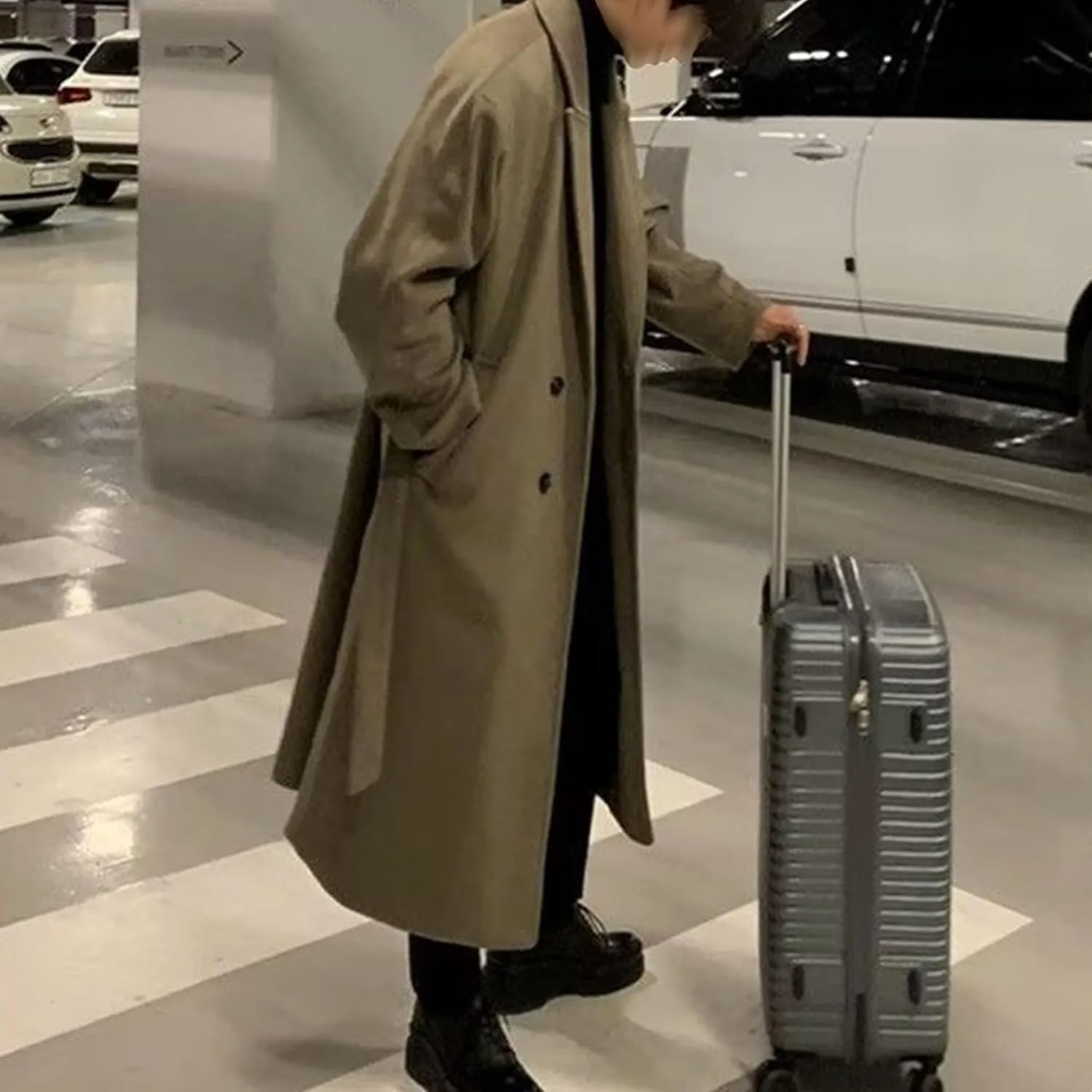 Mens Oversized Trench Coat Notched Lapel Long Jacket Wool Blend Pea Coat Full Length Windbreaker Winter Overcoat
