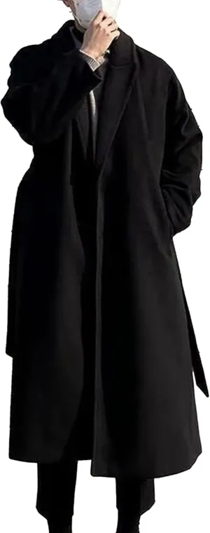Mens Oversized Trench Coat Notched Lapel Long Jacket Wool Blend Pea Coat Full Length Windbreaker Winter Overcoat