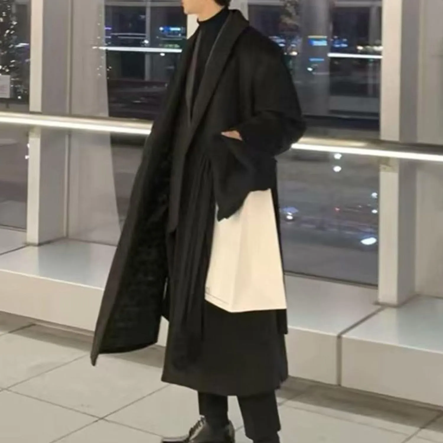 Mens Oversized Trench Coat Notched Lapel Long Jacket Wool Blend Pea Coat Full Length Windbreaker Winter Overcoat