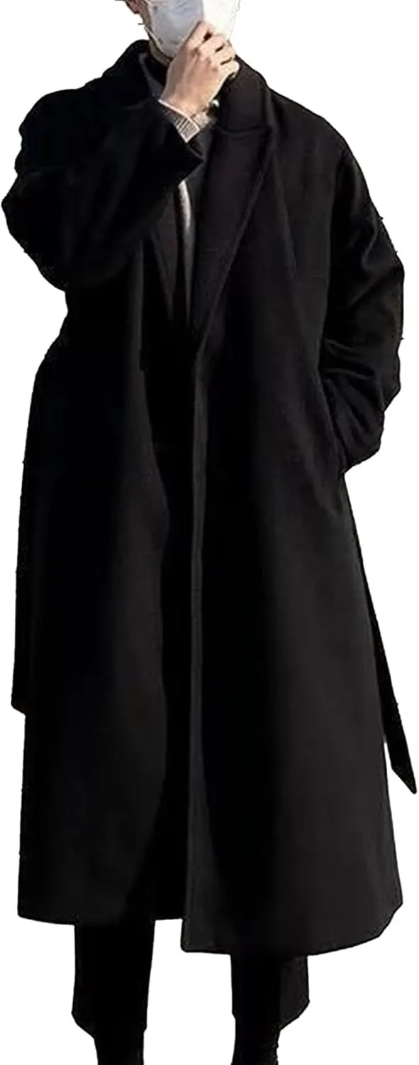 Mens Oversized Trench Coat Notched Lapel Long Jacket Wool Blend Pea Coat Full Length Windbreaker Winter Overcoat