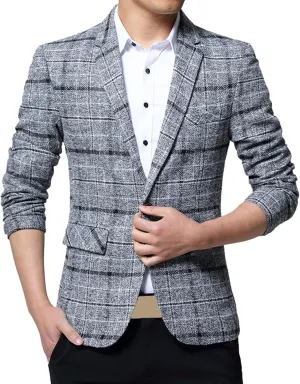 Men's Plaid Fleece Blazer Trendy Lapel Button Work Blazer Casual Slim Fit Business Suit Jacket for Wedding