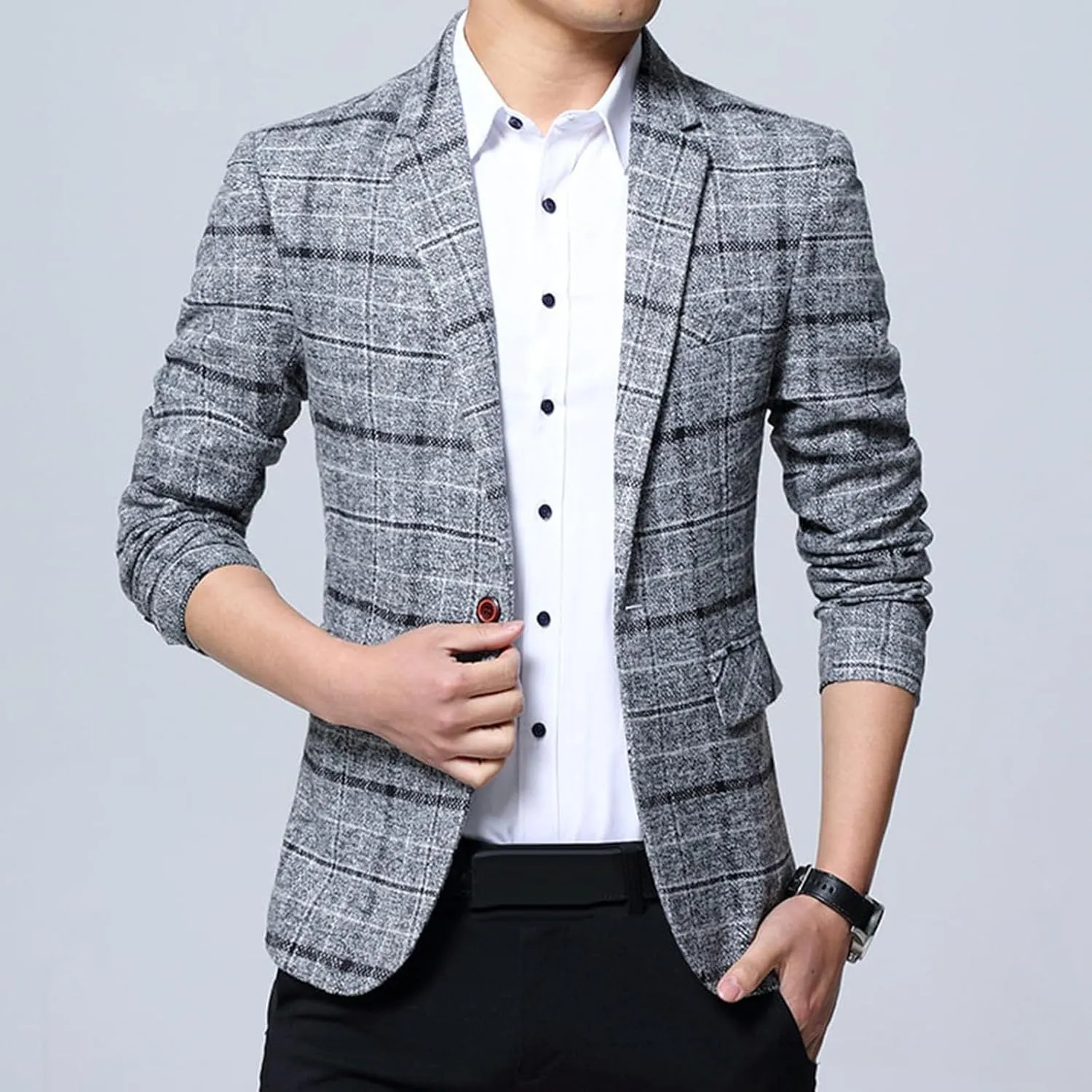 Men's Plaid Fleece Blazer Trendy Lapel Button Work Blazer Casual Slim Fit Business Suit Jacket for Wedding