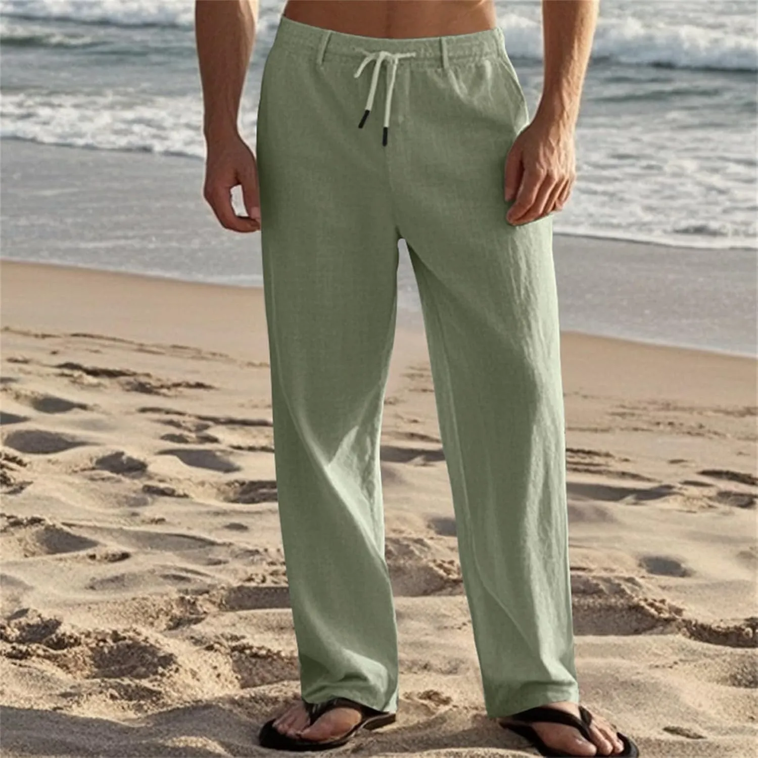 Men's Slim Fit Cotton Linen Pants Elastic Waist Lightweight Lacing Up Casual Pants Yoga Beach Trousers with Pockets