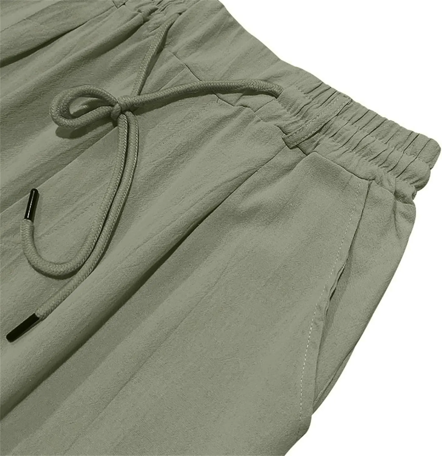 Men's Slim Fit Cotton Linen Pants Elastic Waist Lightweight Lacing Up Casual Pants Yoga Beach Trousers with Pockets