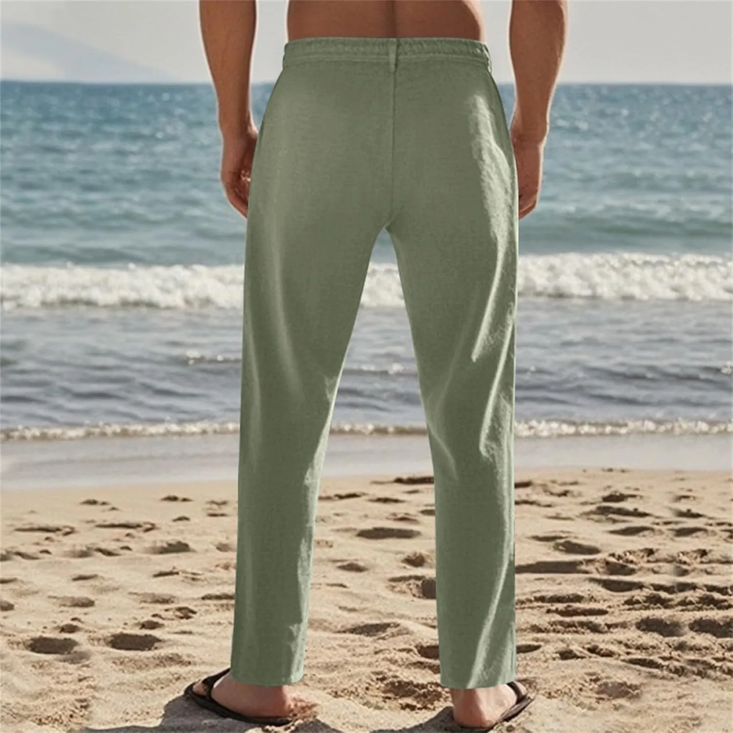 Men's Slim Fit Cotton Linen Pants Elastic Waist Lightweight Lacing Up Casual Pants Yoga Beach Trousers with Pockets