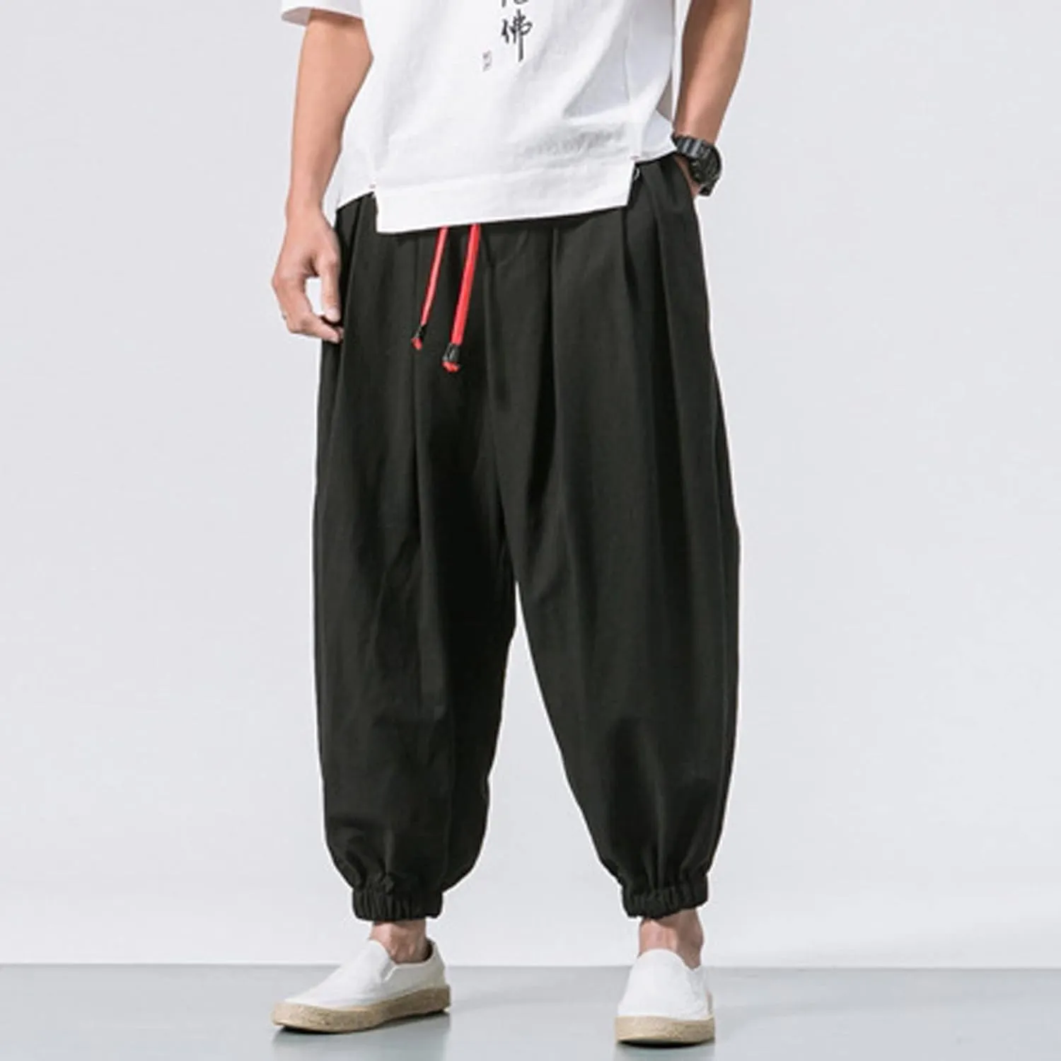 Men's Solid Color Drawstring Elastic Waist Ninth Pants Cotton Linen Sector Pant Leg Pants Retro Loose Stitching Trousers