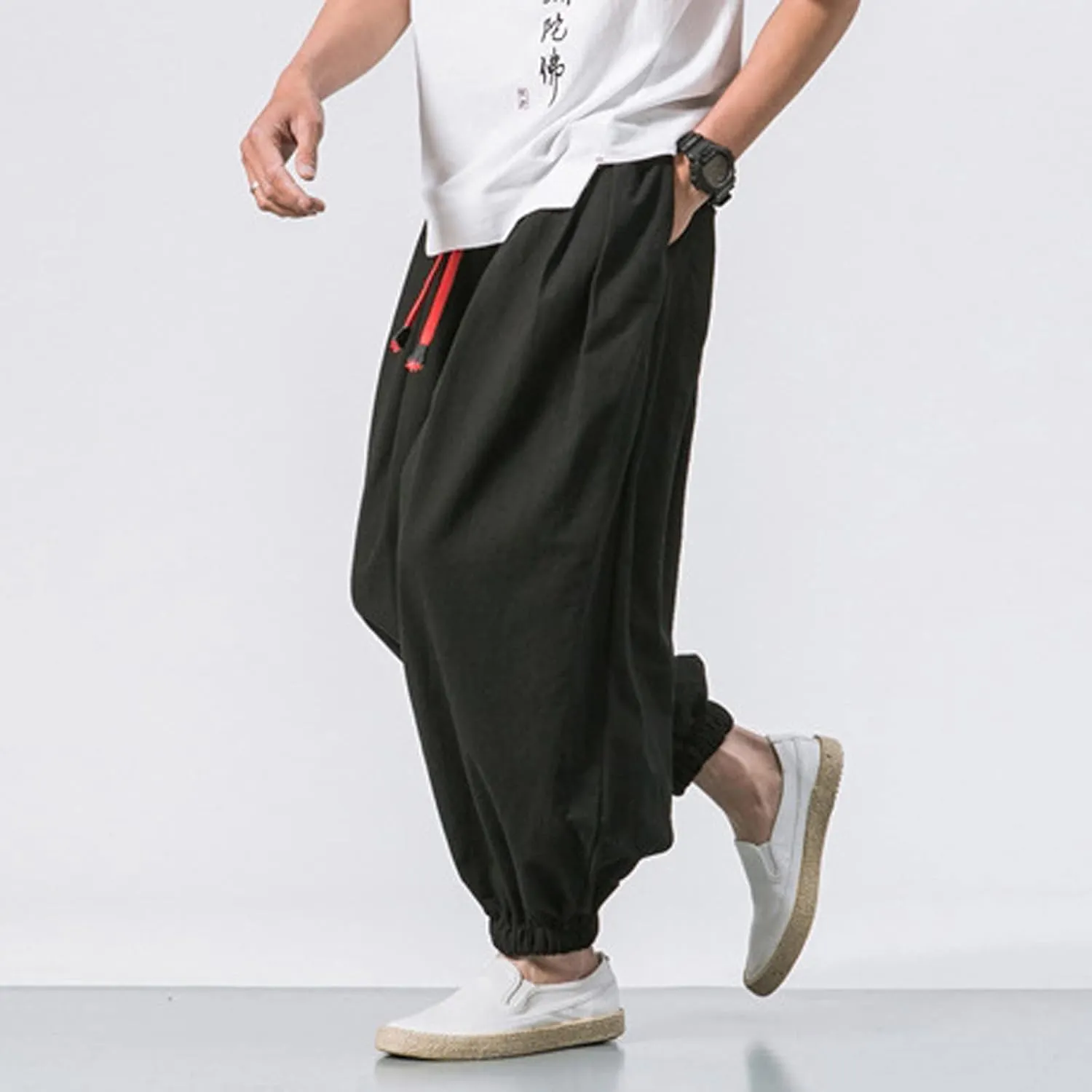 Men's Solid Color Drawstring Elastic Waist Ninth Pants Cotton Linen Sector Pant Leg Pants Retro Loose Stitching Trousers