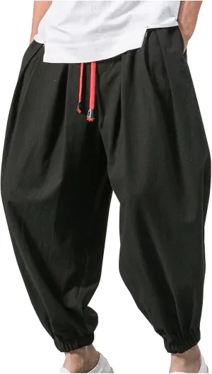 Men's Solid Color Drawstring Elastic Waist Ninth Pants Cotton Linen Sector Pant Leg Pants Retro Loose Stitching Trousers