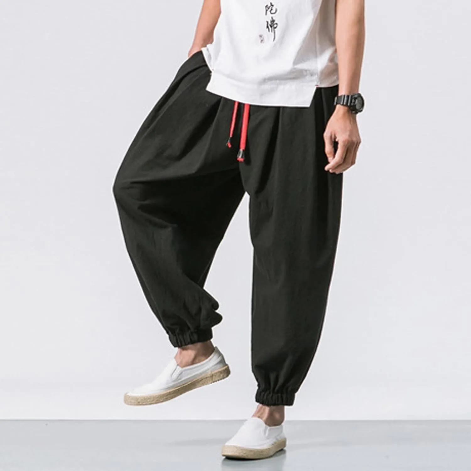 Men's Solid Color Drawstring Elastic Waist Ninth Pants Cotton Linen Sector Pant Leg Pants Retro Loose Stitching Trousers