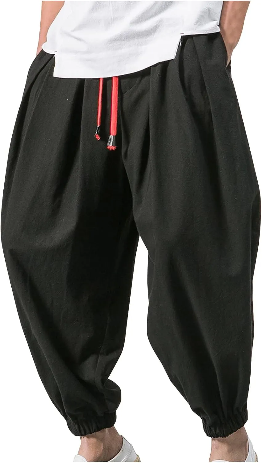 Men's Solid Color Drawstring Elastic Waist Ninth Pants Cotton Linen Sector Pant Leg Pants Retro Loose Stitching Trousers