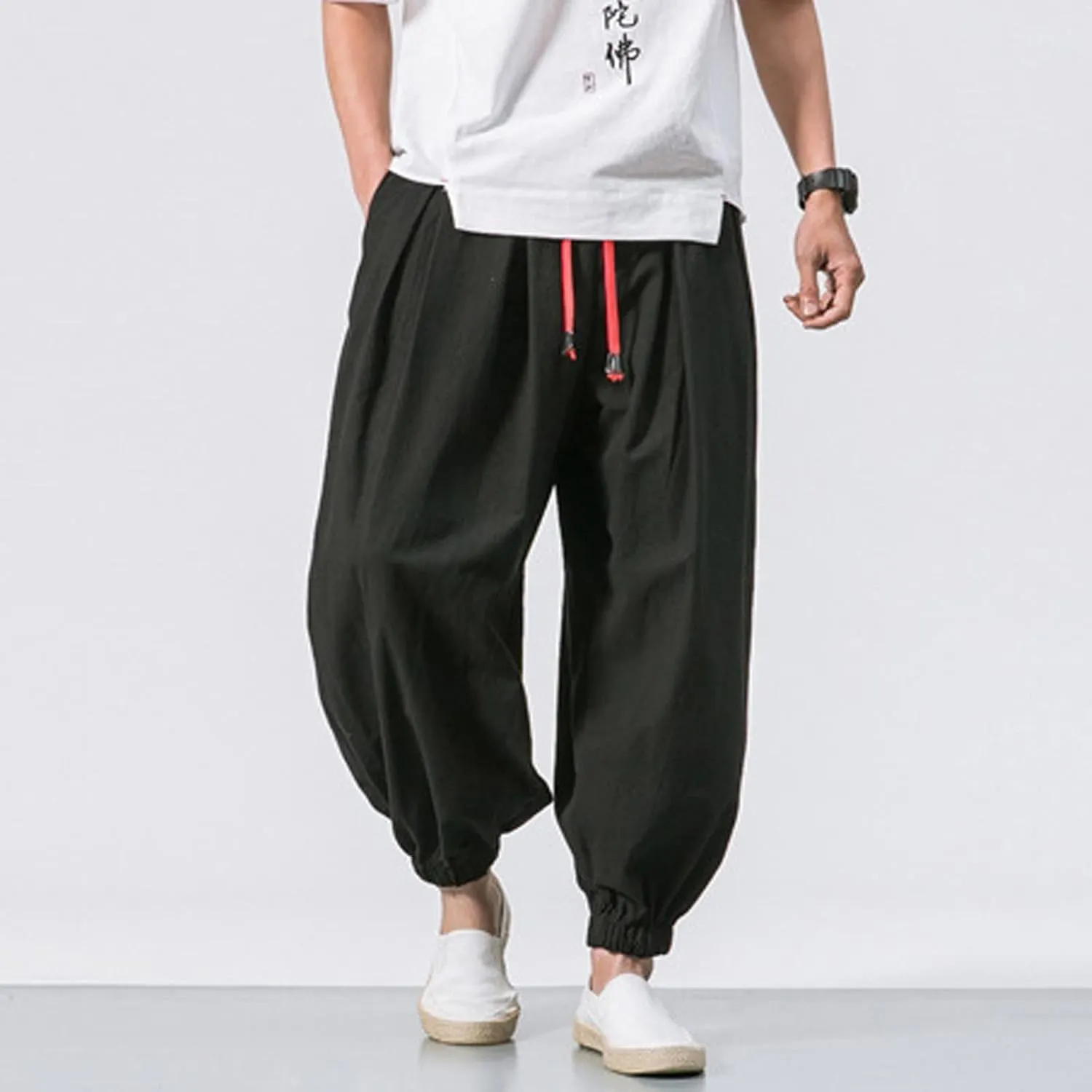 Men's Solid Color Drawstring Elastic Waist Ninth Pants Cotton Linen Sector Pant Leg Pants Retro Loose Stitching Trousers