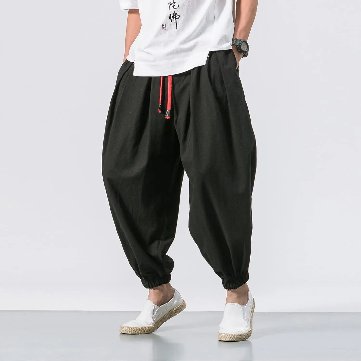 Men's Solid Color Drawstring Elastic Waist Ninth Pants Cotton Linen Sector Pant Leg Pants Retro Loose Stitching Trousers