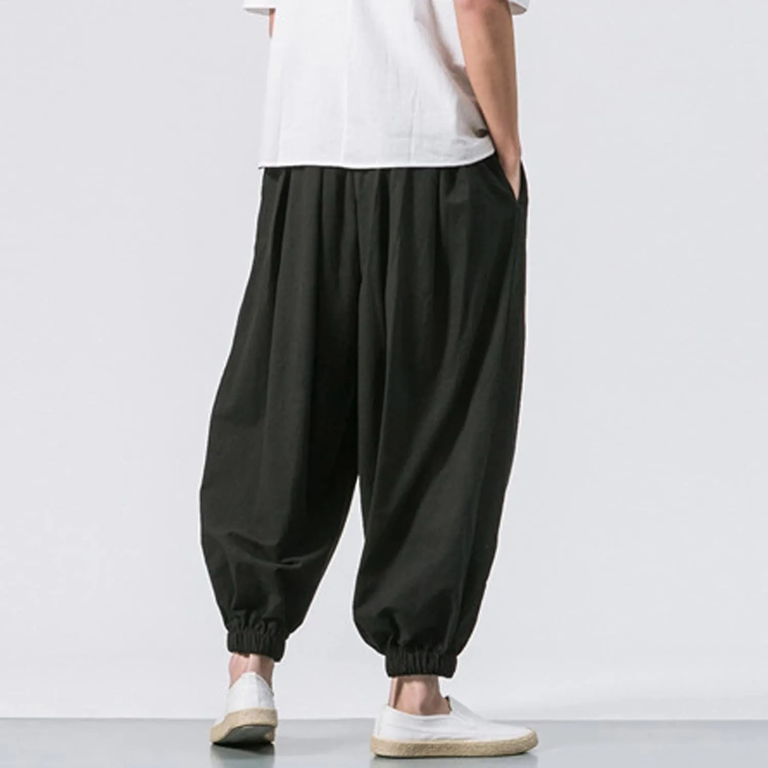 Men's Solid Color Drawstring Elastic Waist Ninth Pants Cotton Linen Sector Pant Leg Pants Retro Loose Stitching Trousers