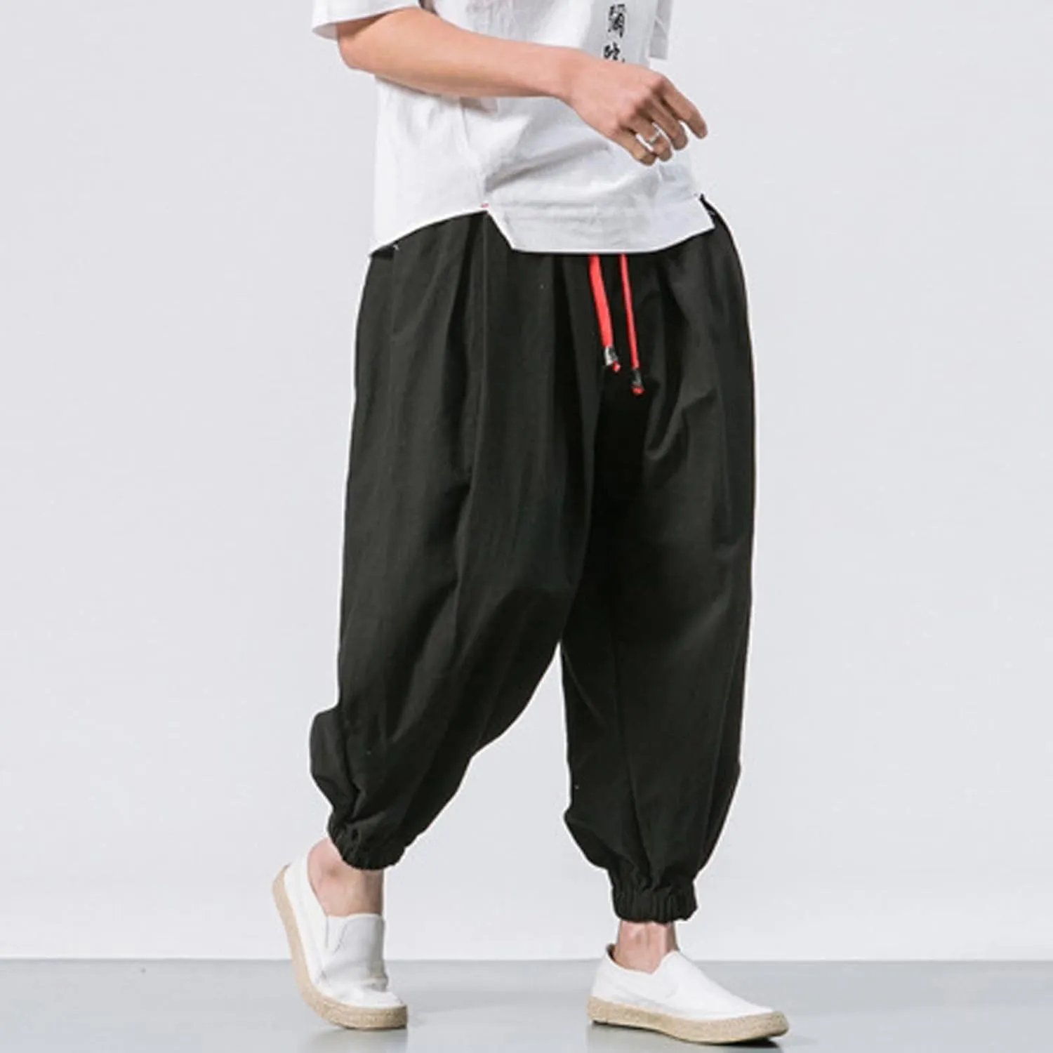 Men's Solid Color Drawstring Elastic Waist Ninth Pants Cotton Linen Sector Pant Leg Pants Retro Loose Stitching Trousers