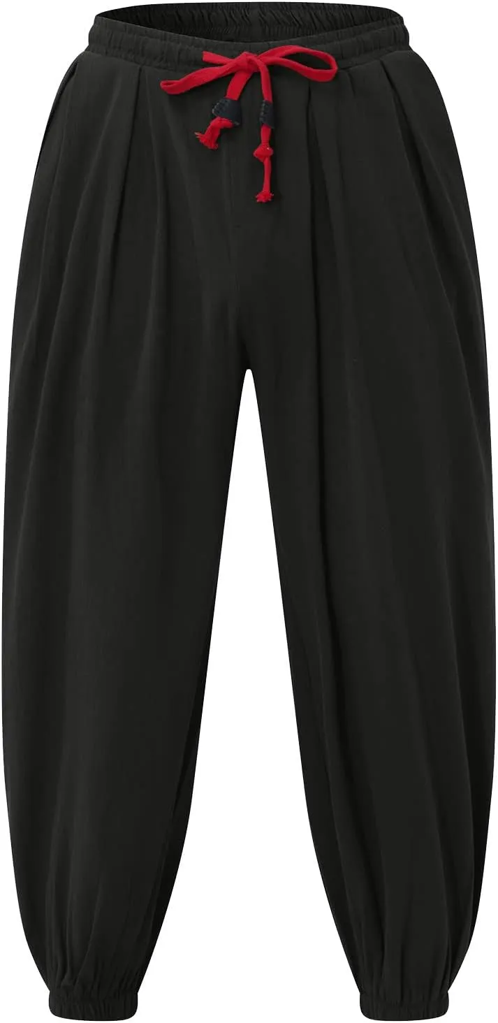 Men's Solid Color Drawstring Elastic Waist Ninth Pants Cotton Linen Sector Pant Leg Pants Retro Loose Stitching Trousers