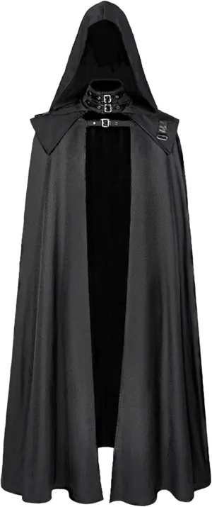 Men's Solid Color Hooded Cloak Jacket Casual Retro Gothic Long Cardigan Cape Vintage Steampunk Length Overcoat