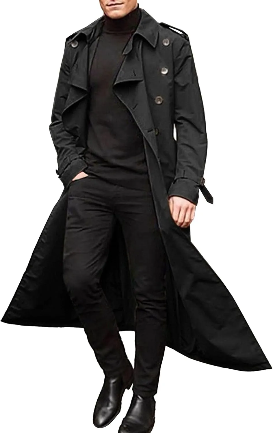 Men's Solid Color Trench Coat Casual Windproof Business Overcoat Single Breasted Windbreaker Long Jacket