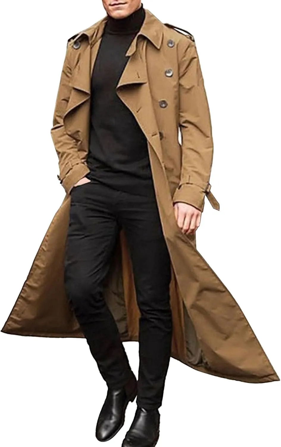 Men's Solid Color Trench Coat Casual Windproof Business Overcoat Single Breasted Windbreaker Long Jacket
