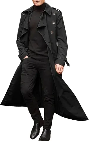 Men's Solid Color Trench Coat Casual Windproof Business Overcoat Single Breasted Windbreaker Long Jacket