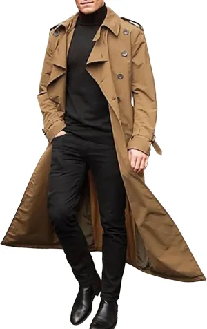 Men's Solid Color Trench Coat Casual Windproof Business Overcoat Single Breasted Windbreaker Long Jacket