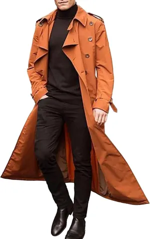 Men's Solid Color Trench Coat Casual Windproof Business Overcoat Single Breasted Windbreaker Long Jacket