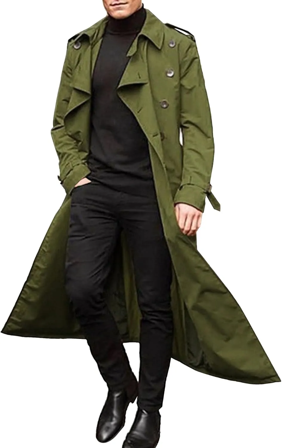 Men's Solid Color Trench Coat Casual Windproof Business Overcoat Single Breasted Windbreaker Long Jacket