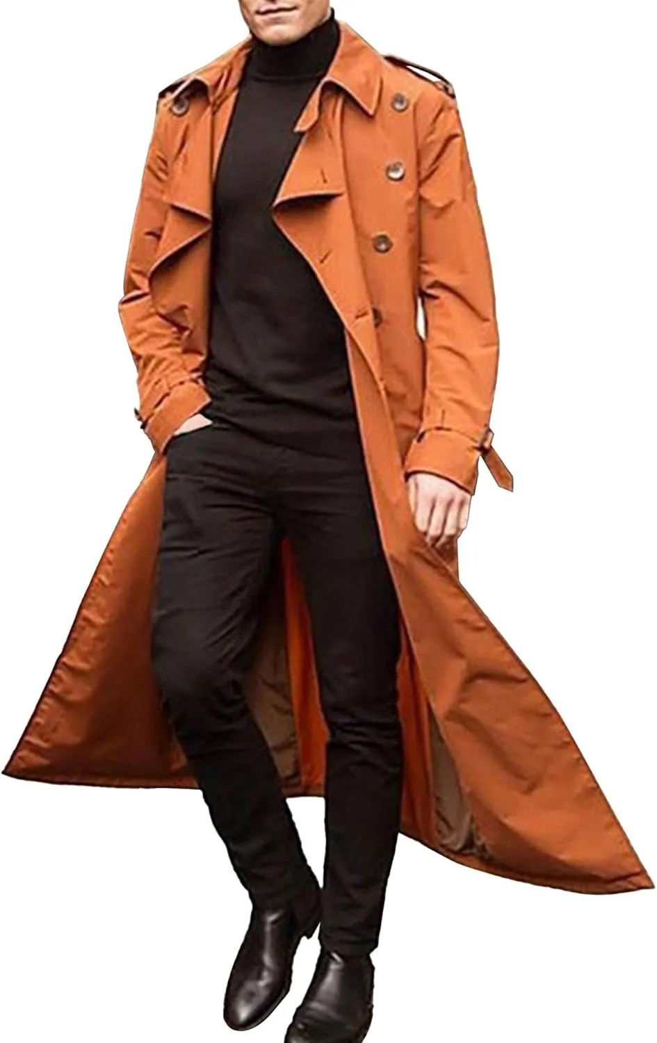 Men's Solid Color Trench Coat Casual Windproof Business Overcoat Single Breasted Windbreaker Long Jacket