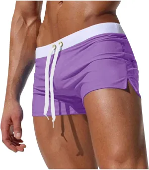 Mens Square Leg Swim Trunks Summer Beach Retro Drawstring Quick Dry Swim Brief Hot Body Sexy Swimsuit with Zip Pocket