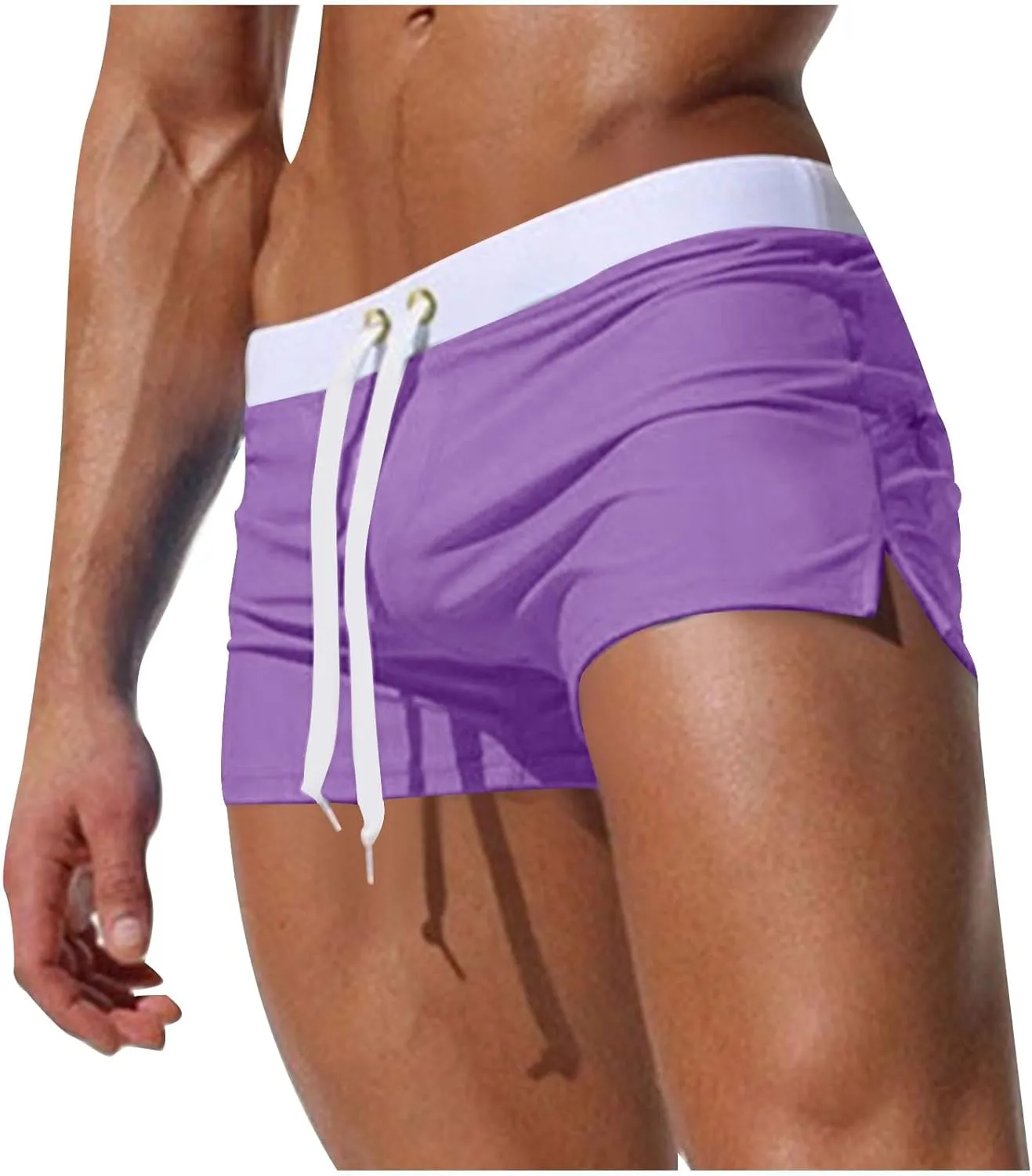 Mens Square Leg Swim Trunks Summer Beach Retro Drawstring Quick Dry Swim Brief Hot Body Sexy Swimsuit with Zip Pocket