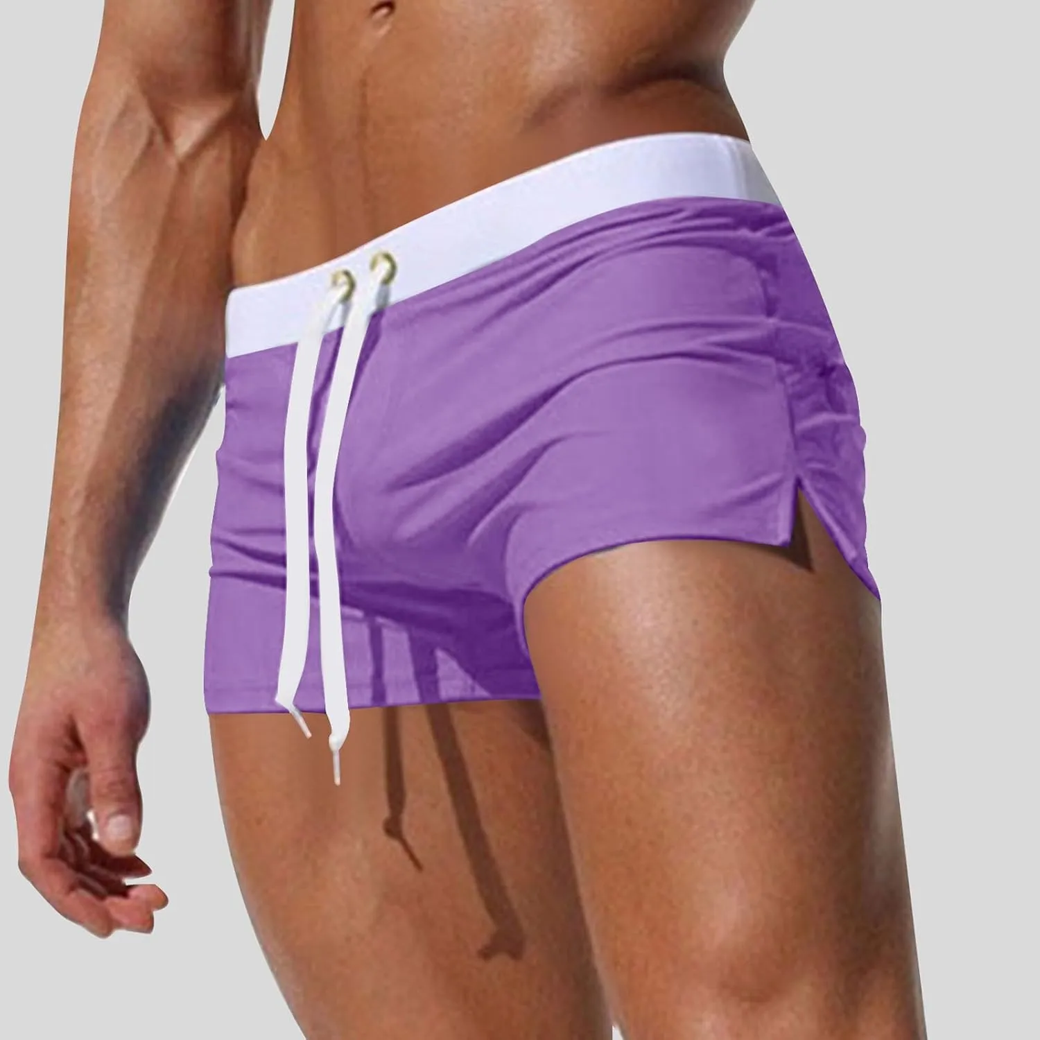 Mens Square Leg Swim Trunks Summer Beach Retro Drawstring Quick Dry Swim Brief Hot Body Sexy Swimsuit with Zip Pocket