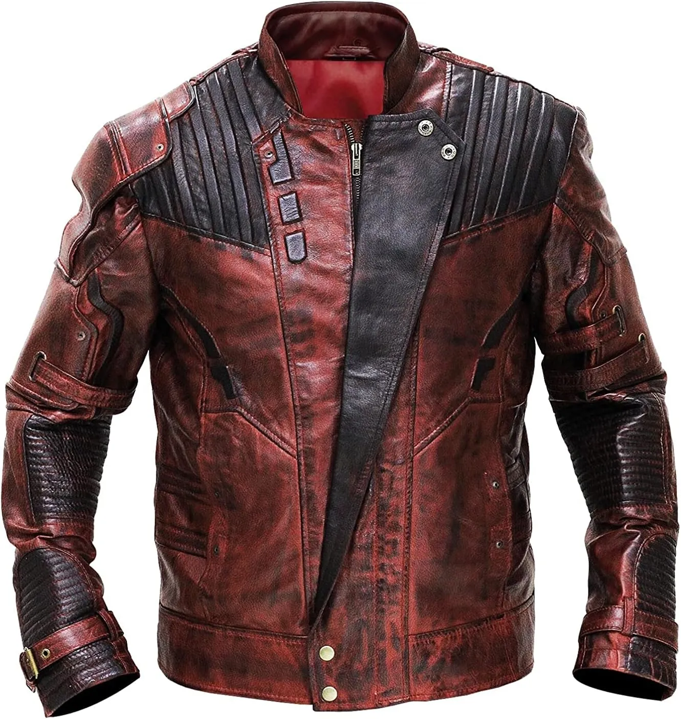 Men's Superhero Guardians Star Distressed Maroon Halloween Cosplay Costume Leather Biker Coat