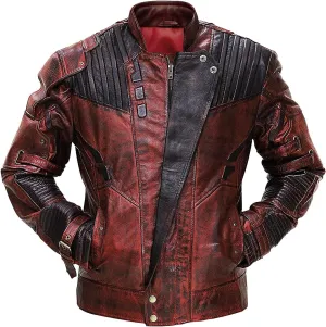 Men's Superhero Guardians Star Distressed Maroon Halloween Cosplay Costume Leather Biker Coat