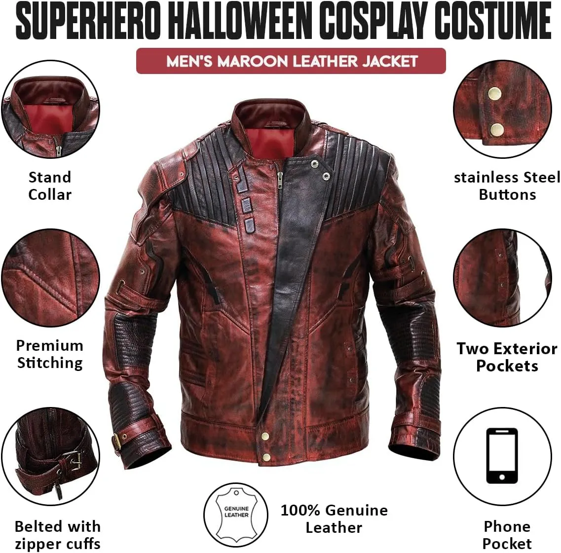 Men's Superhero Guardians Star Distressed Maroon Halloween Cosplay Costume Leather Biker Coat