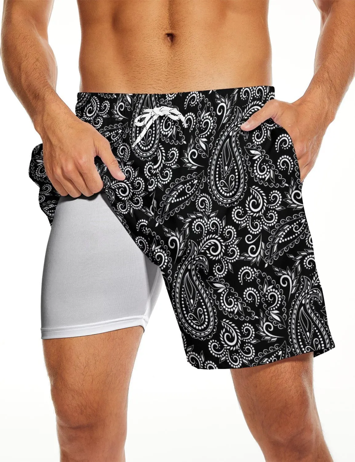 Mens Swim Trunks with Compression Liner 2 in 1 Quick-Dry Swim Shorts Men Board Shorts Swimwear for Swimming Beach
