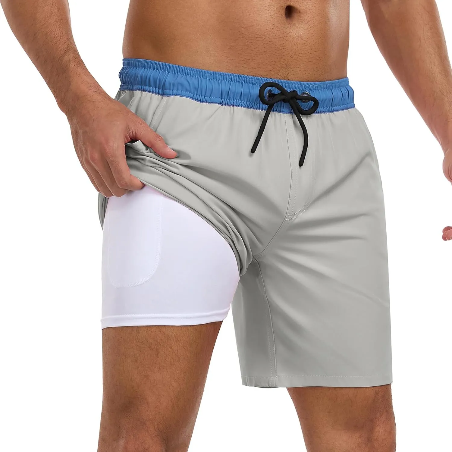 Mens Swim Trunks with Compression Liner 7 Inch Swim Shorts 2 in 1 Quick Dry Board Shorts Beach Wear