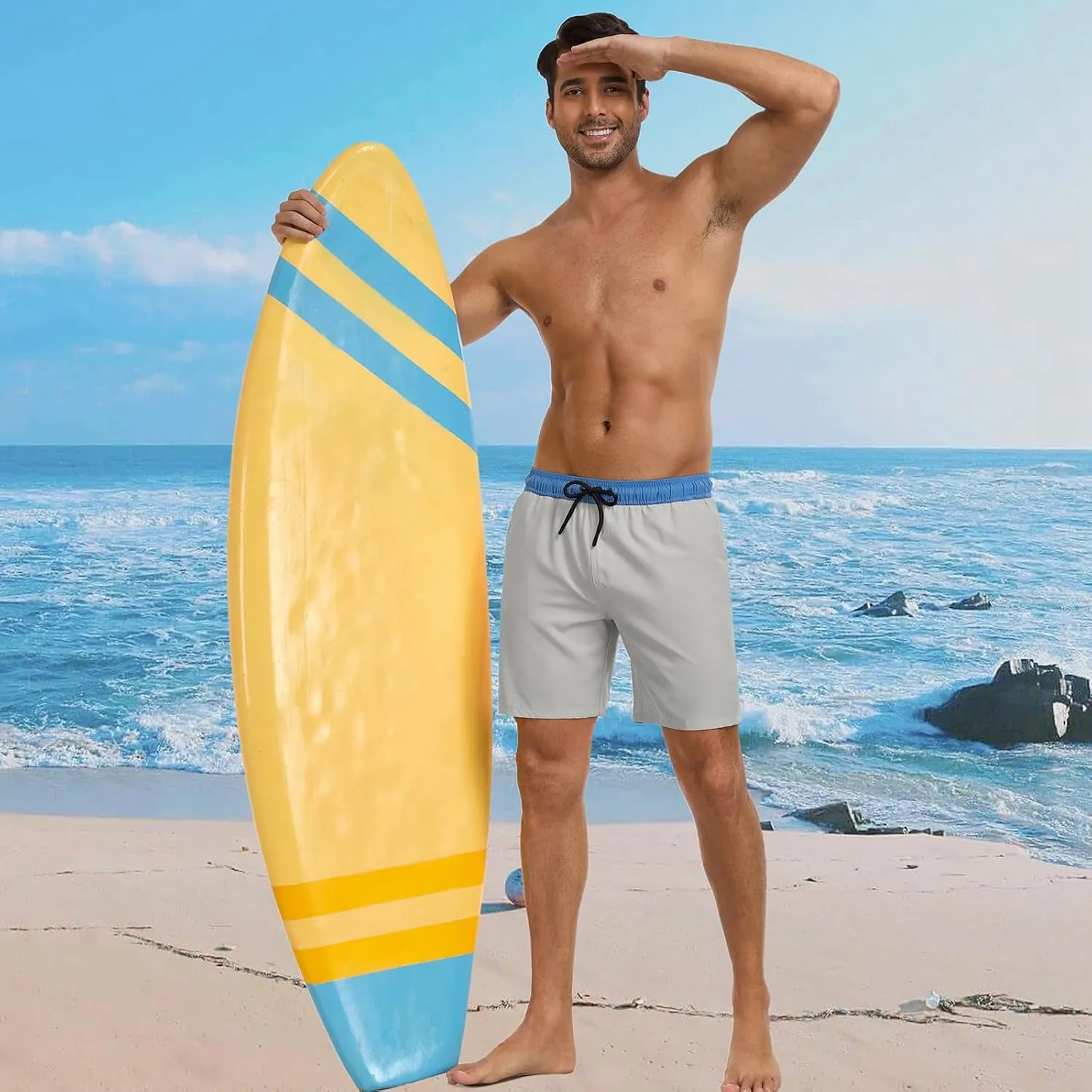 Mens Swim Trunks with Compression Liner 7 Inch Swim Shorts 2 in 1 Quick Dry Board Shorts Beach Wear