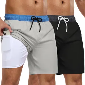 Mens Swim Trunks with Compression Liner 7 Inch Swim Shorts 2 in 1 Quick Dry Board Shorts Beach Wear