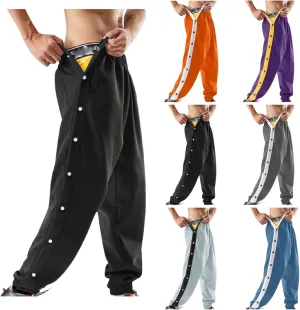 Mens Tear Away Basketball Pants Casual High Split Snap Button Post Surgery Sweatpants with Side Pockets