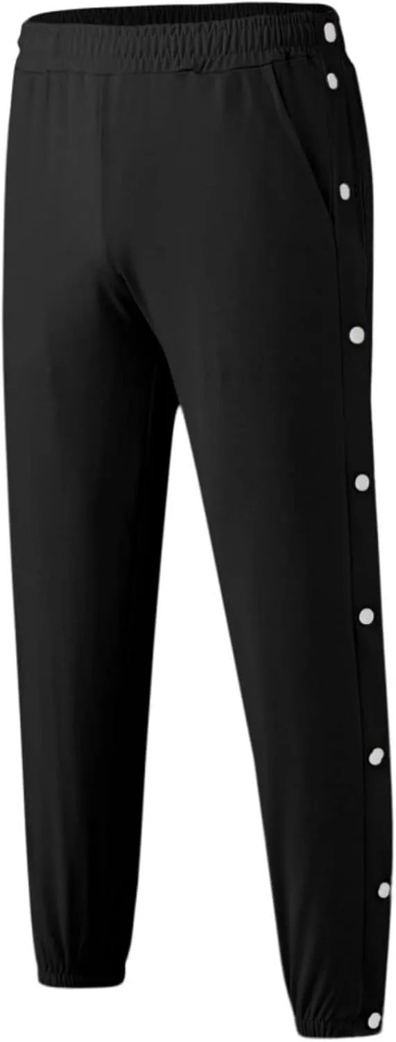 Mens Tear Away Basketball Pants Casual High Split Snap Button Post Surgery Sweatpants with Side Pockets