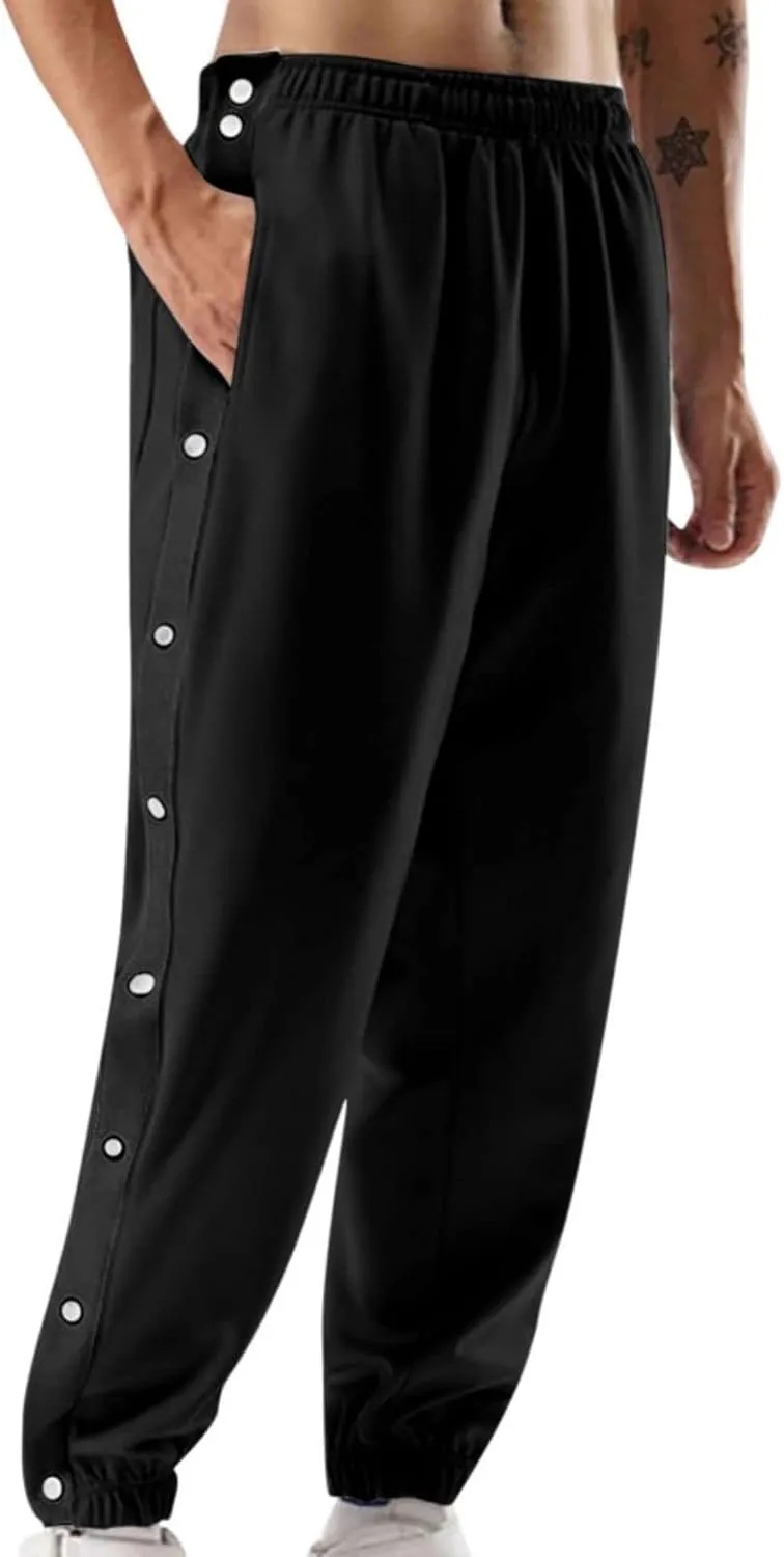 Mens Tear Away Basketball Pants Casual High Split Snap Button Post Surgery Sweatpants with Side Pockets