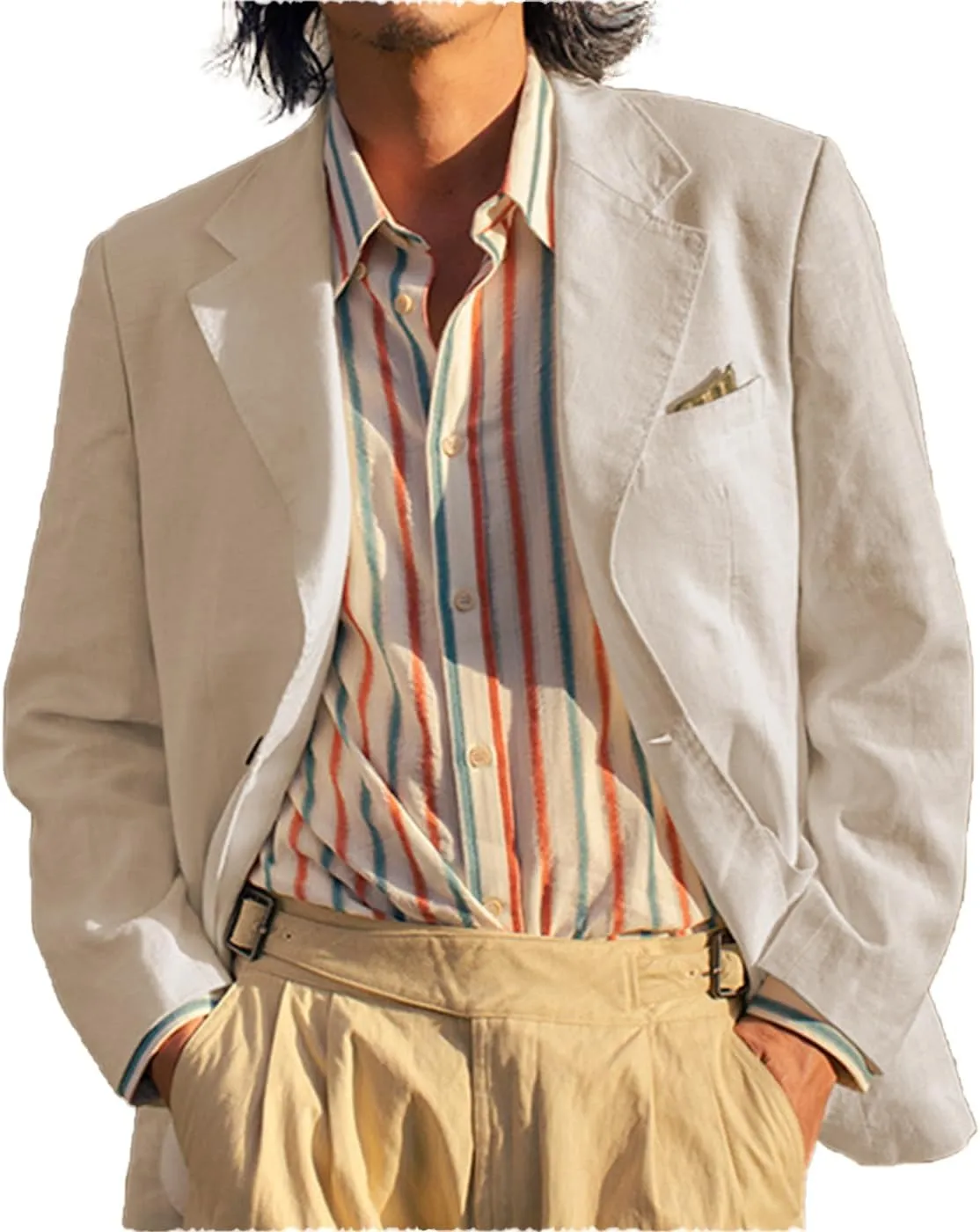 Mens Vintage Casual Linen Blazer Suit Jacket One Button Slim Fit Wedding Summer Lightweight