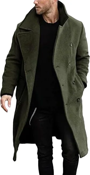Men's Warm Long Pea Coat Slim Fit Double Breasted Overcoat Winter Wool Blend Trench Business Coats