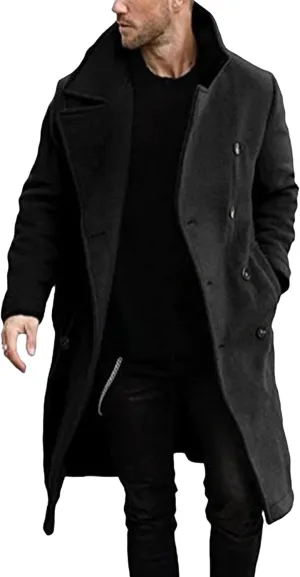 Men's Warm Long Pea Coat Slim Fit Double Breasted Overcoat Winter Wool Blend Trench Business Coats