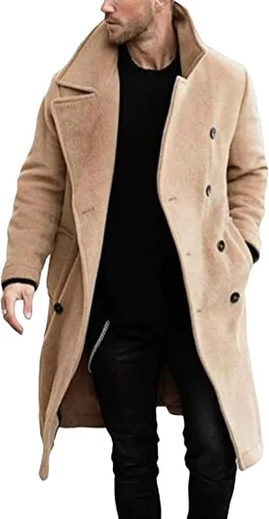 Men's Warm Long Pea Coat Slim Fit Double Breasted Overcoat Winter Wool Blend Trench Business Coats