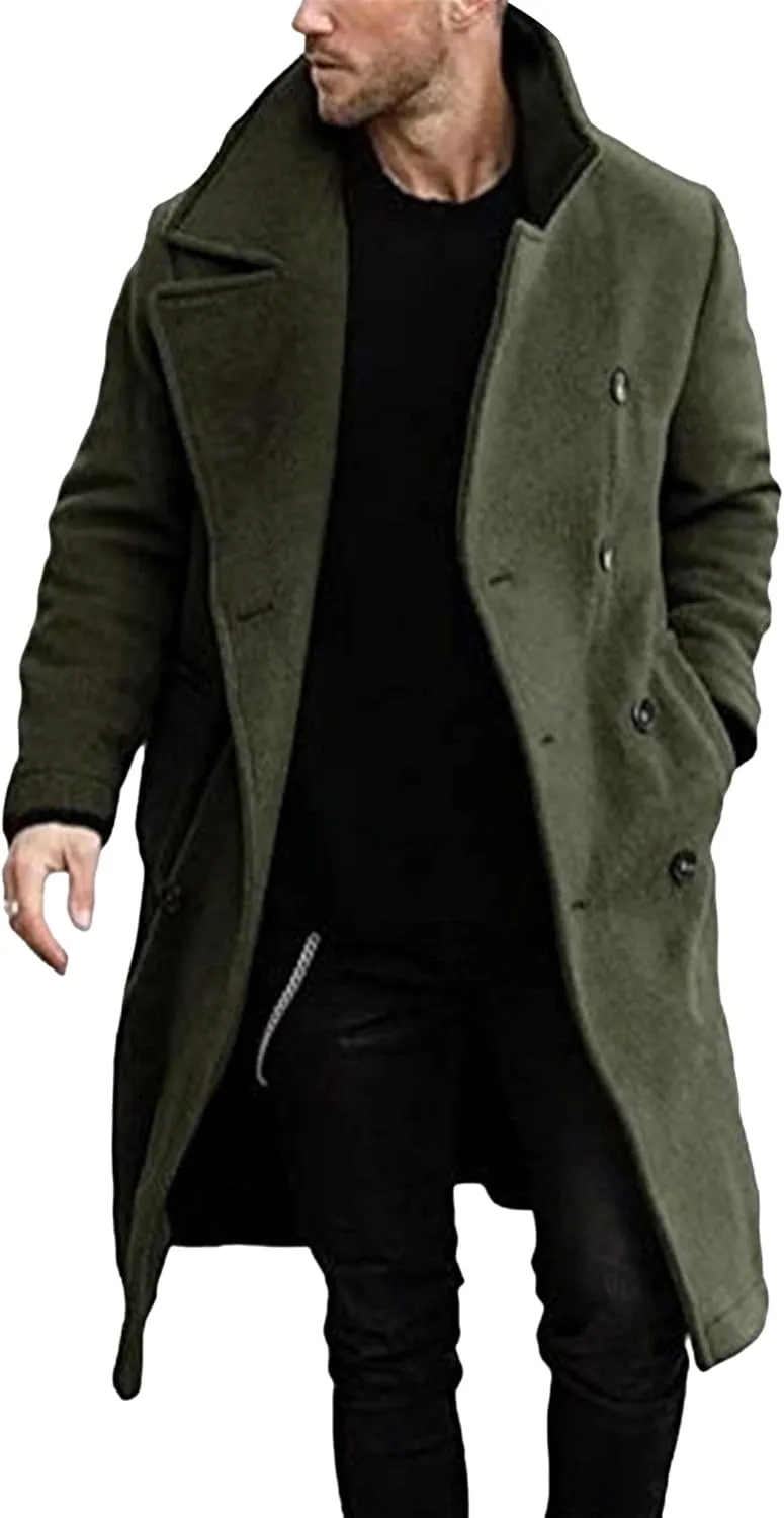 Men's Warm Long Pea Coat Slim Fit Double Breasted Overcoat Winter Wool Blend Trench Business Coats