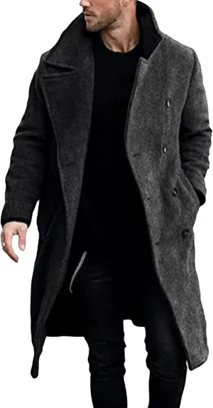Men's Warm Long Pea Coat Slim Fit Double Breasted Overcoat Winter Wool Blend Trench Business Coats